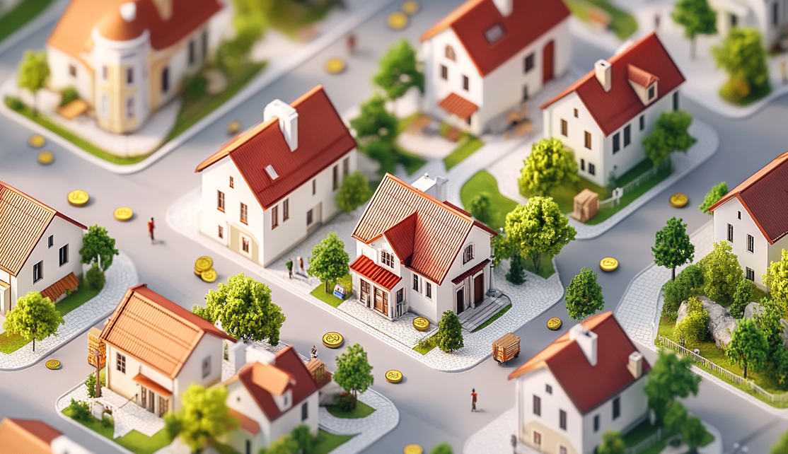 loop of houses in a community 3d with gold coins on the ground.png